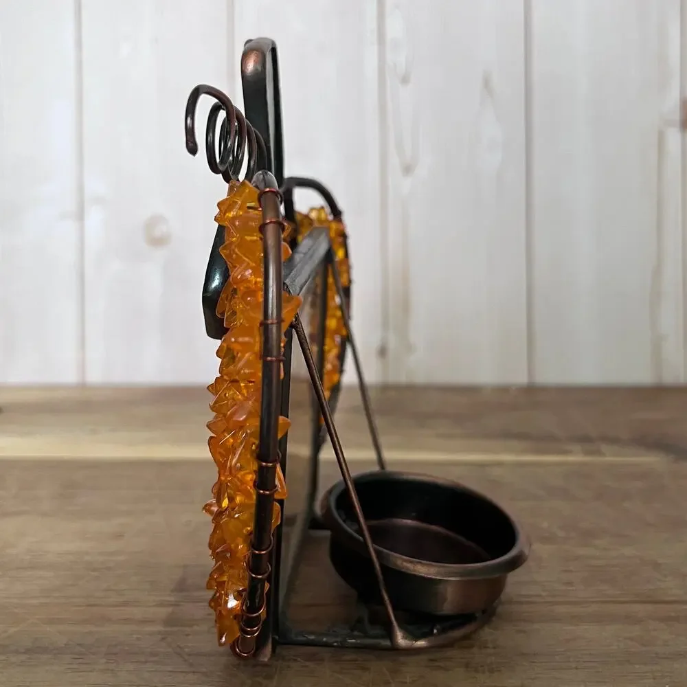 Stained Glass & Copper Beaded Wire Pumpkin Votive Holder Autumn Halloween Decor